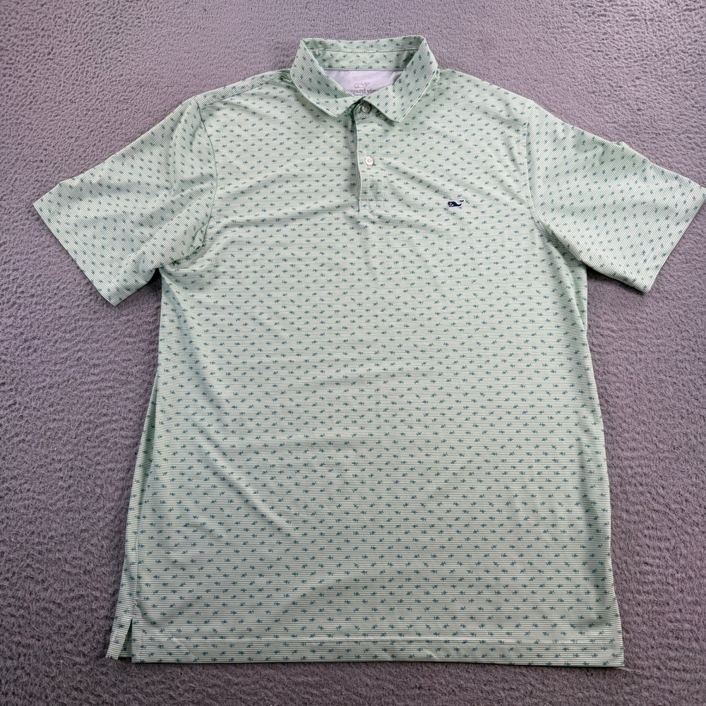 Vineyard Vines Performance Polo Shirt Mens Medium Green Fish Stripe Short Sleeve